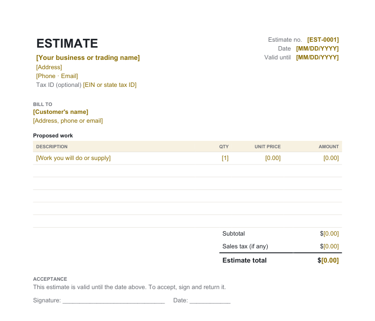 Estimate template preview