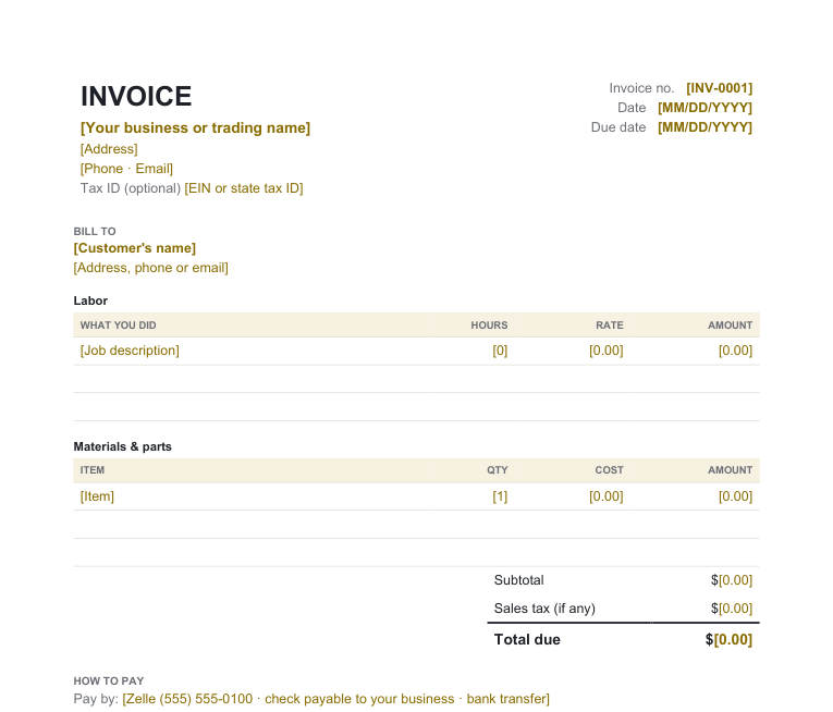 Service invoice template preview